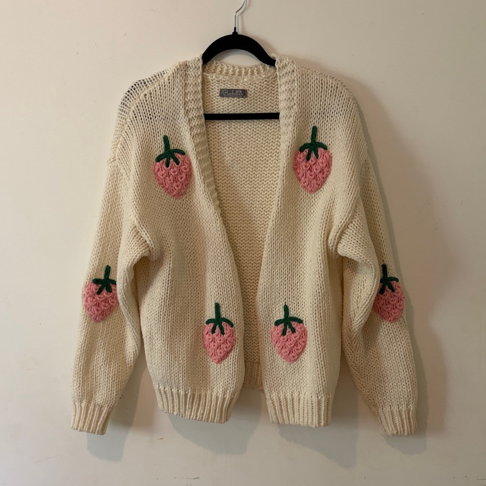 Cream Strawberry Open Cardigan Sweater